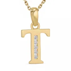 bokstav t zirkon halskjede i forgylt sølv med anheng i 9 karat gull - My Letter