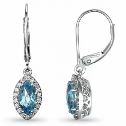 ovale lange blå topas diamantøredobb i 14 karat hvitt gull med diamant og topas 