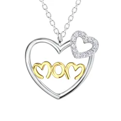 hjerte mor zirkon halskjede i sølv med anheng i sølv og forgylt sølv