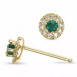runde grønn smaragd ørestikker i 14 karat gull med diamant og smaragd 