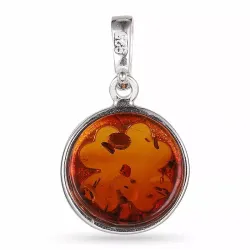 Rundt firkløver rav anheng i sølv