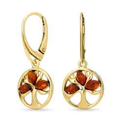 livets tre rav øredobber i forgylt sølv