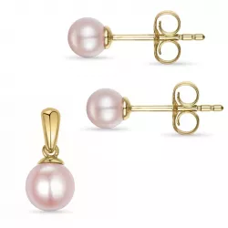 6 og 5 mm rosa perle sett med øredobber og anheng i 9 karat gull