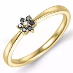 blomst svart diamant ring i 9 karat gull 0,01 ct 0,05 ct