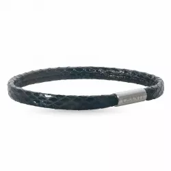 Flat svart slangearmbånd i lær med stållås  x 6 mm