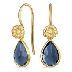 dråpe blå krystall ørekroker i forgylt sølv