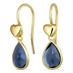 hjerte dråpe blå krystall ørekroker i forgylt sølv