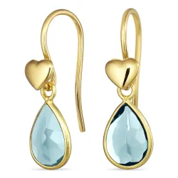 hjerte dråpe blå krystall ørekroker i forgylt sølv