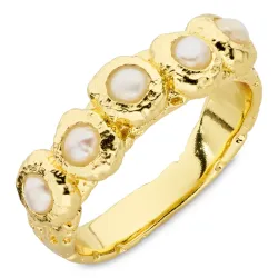 hvit perle ring i forgylt messing - Eliné