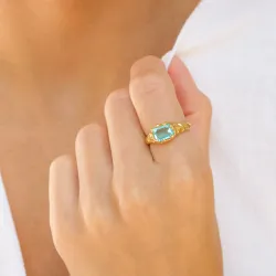 blå krystall ring i forgylt messing - Eliné
