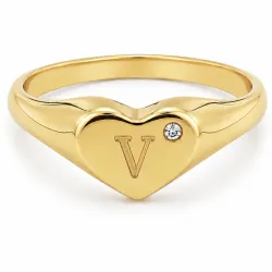 bokstav v zirkon ring i forgylt messing