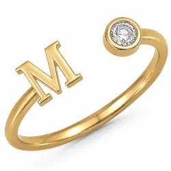 bokstav m zirkon ring i forgylt messing