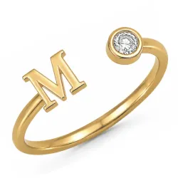 bokstav m zirkon ring i forgylt messing