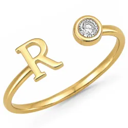 bokstav r zirkon ring i forgylt messing