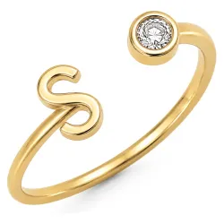 bokstav s zirkon ring i forgylt messing - My Letter