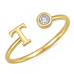 bokstav t zirkon ring i forgylt messing