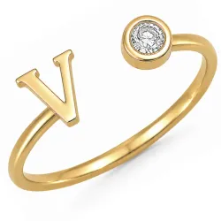 bokstav v zirkon ring i forgylt messing