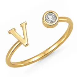 bokstav v zirkon ring i forgylt messing