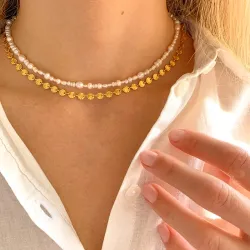 vanntett perle halskjede i forgylt stål - OCEANA