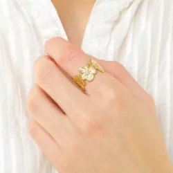 vanntett blomst justerbar ring i forgylt stål - OCEANA