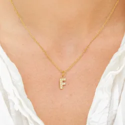 vanntett bokstav f zirkon halskjede med anheng i forgylt stål - OCEANA