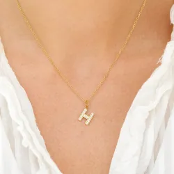 vanntett bokstav h zirkon halskjede med anheng i forgylt stål - OCEANA