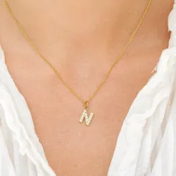 vanntett bokstav n zirkon halskjede med anheng i forgylt stål - OCEANA