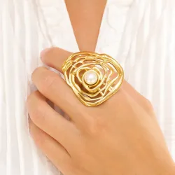 vanntett perle ring i forgylt stål - OCEANA