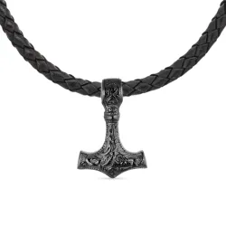 vanntett tors hammer halskjede i lær med anheng i svart stål - OCEANA