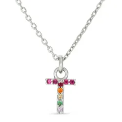 bokstav t multifarget zirkon halskjede i sølv - My Letter