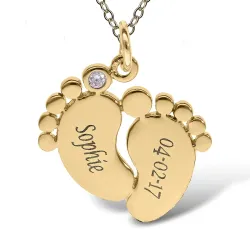 gull føtter Navnehalskjede med anheng i 9 karat gull med 1 fasettslipte blå zirkoner - My Letter