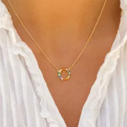 rund multifarget zirkon halskjede med anheng i forgylt sølv