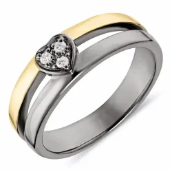 kolleksjonsprøve hjerte hvit zirkon ring i svart rodinert sølv med forgylt sølv